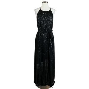 DKNY Women's Maxi Dress Size 8 Black Sequined Sleeveless Halter Long Gown